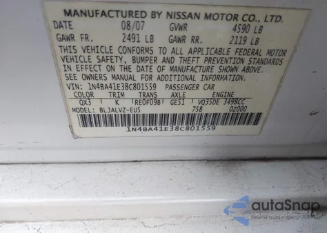 2008 Nissan Maxima 3.5 Se z USA, uszkodzony, nr VIN 1N4BA41E38C801559